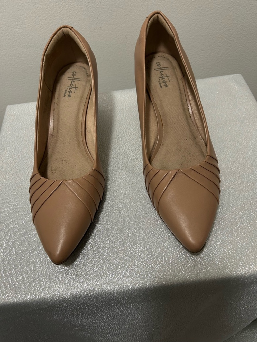 Clarks Tan Pointed Toe Pumps with Pleated Vamp